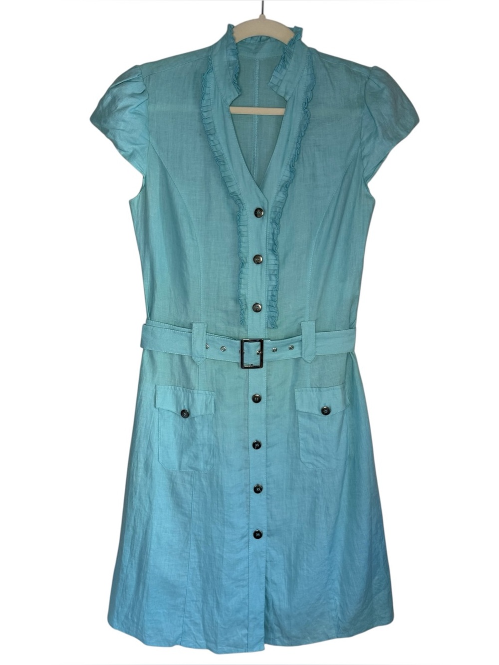 House of Art 100% Linen Belted Button Down Dress Blue Size Small